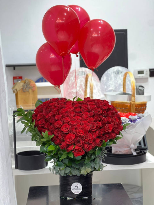 Red Rose Roscius Black Ribbon Oasis Foam with Baloon